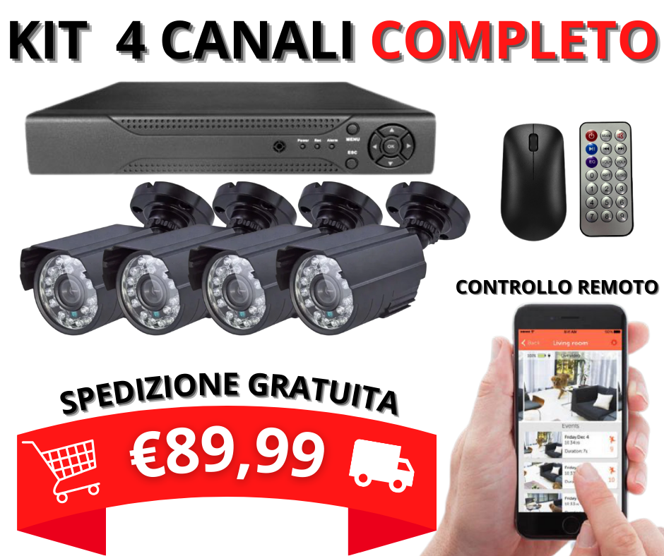 KIT 4 TELECAMERE  , DVR , STAFFE , CABLAGGIO E ALIMENTATORI