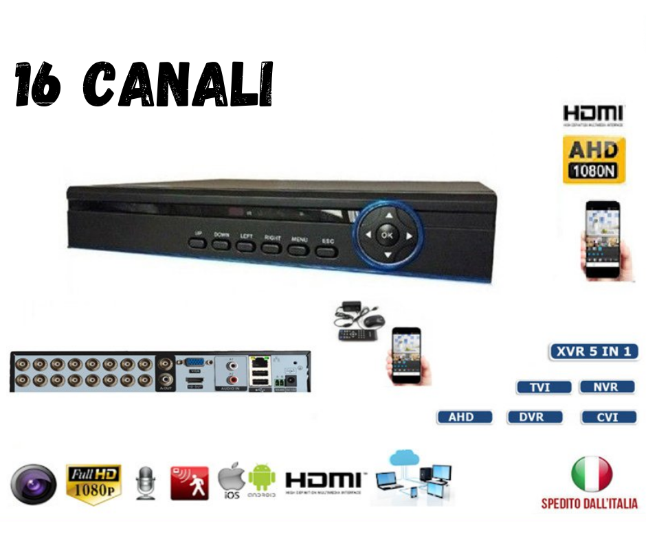 DVR VIDEOSORVEGLIANZA 16 CANALI FULL HD IBRIDO AHD NVR AHD COULD MOBILE APP IP